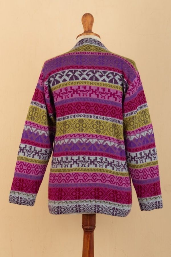 Alternate image for Handwoven Fuchsia Alpaca Blend Cardigan with Inca Motifs Empire Memories in Ruby