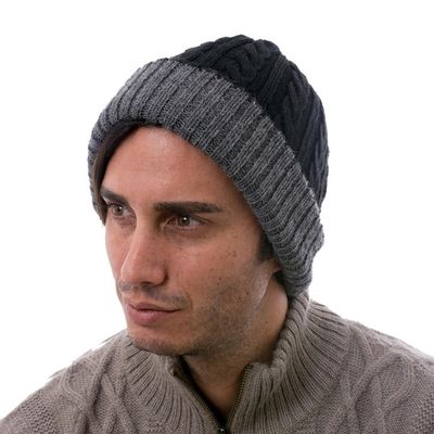 Alternate image for Peruvian 100 Alpaca Reversible Black and Grey Ribbed Hat Warm and Cozy