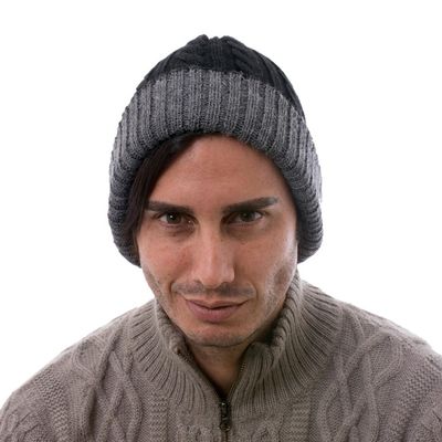 Alternate image for Peruvian 100 Alpaca Reversible Black and Grey Ribbed Hat Warm and Cozy