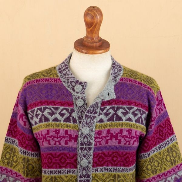 Alternate image for Handwoven Fuchsia Alpaca Blend Cardigan with Inca Motifs Empire Memories in Ruby