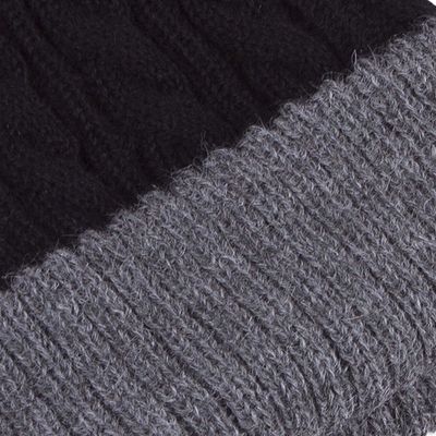 Alternate image for Peruvian 100 Alpaca Reversible Black and Grey Ribbed Hat Warm and Cozy