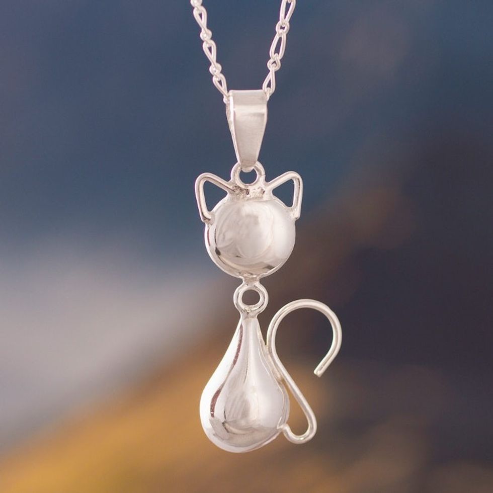 Peruvian Cat Sterling Silver Pendant Necklace 'Delightful Cat'