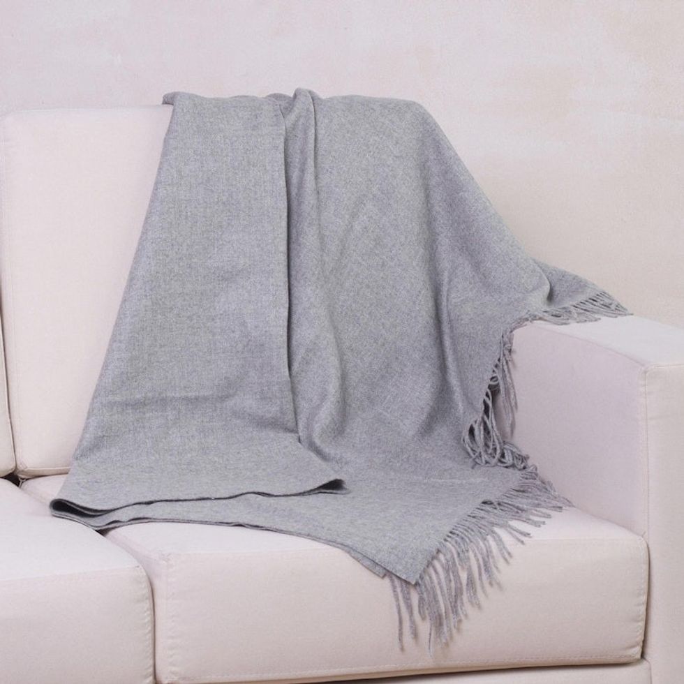 Alpaca Wool Solid Grey Throw Blanket 'Cozy Light Gray'