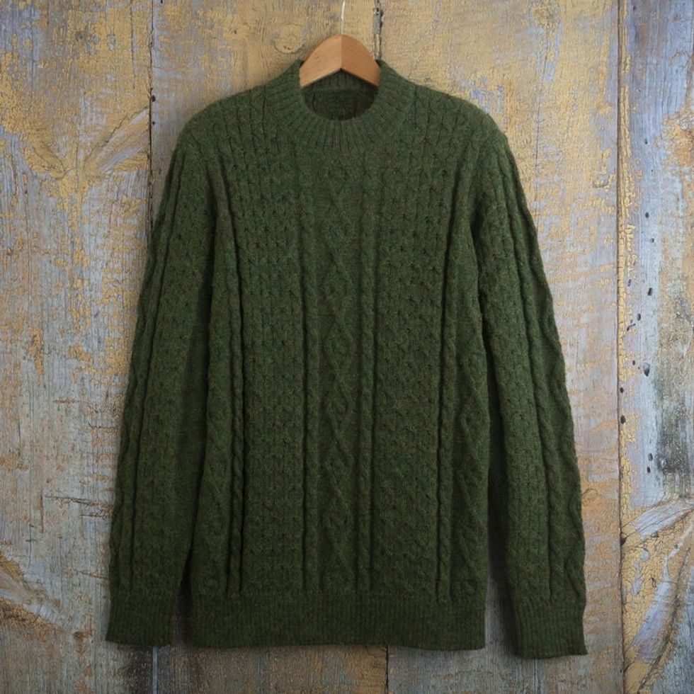 Men's Dark Green 100 Alpaca Pullover Sweater From Peru 'Moss Braids'