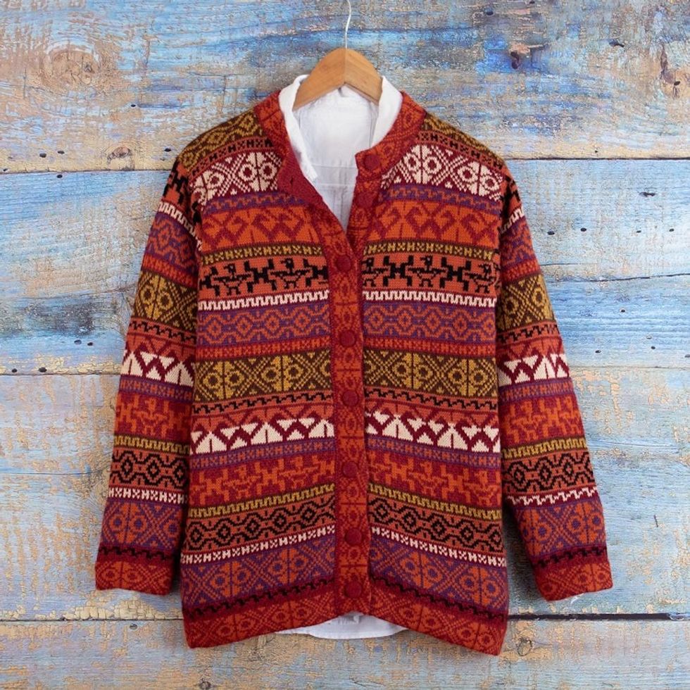 Handwoven Cherry Alpaca Blend Cardigan with Inca Motifs 'Empire Memories'