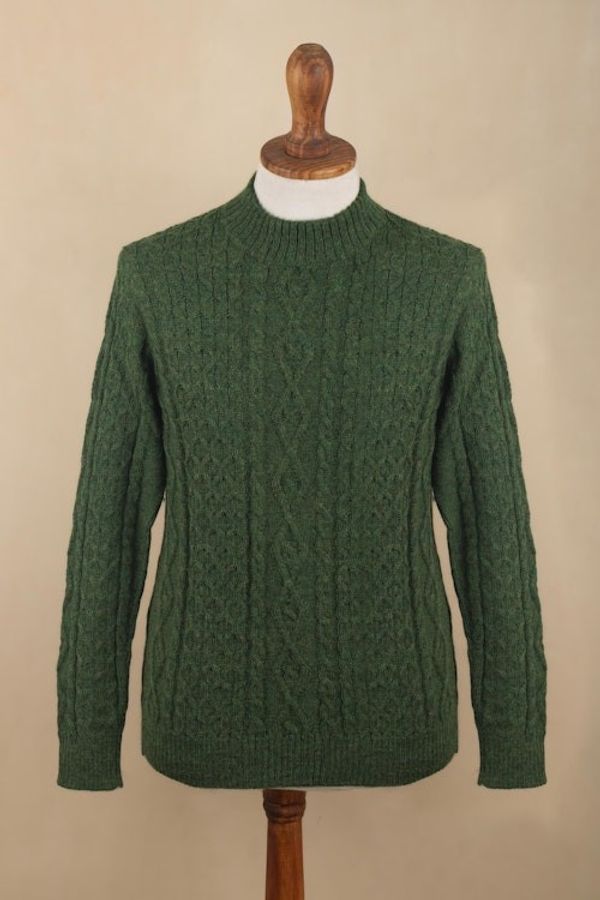 Alternate image for Mens Dark Green 100 Alpaca Pullover Sweater From Peru Moss Braids