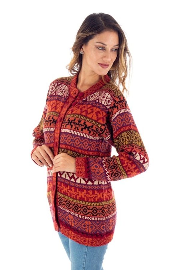 Alternate image for Handwoven Cherry Alpaca Blend Cardigan with Inca Motifs Empire Memories