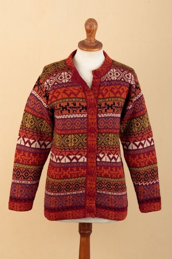 Alternate image for Handwoven Cherry Alpaca Blend Cardigan with Inca Motifs Empire Memories