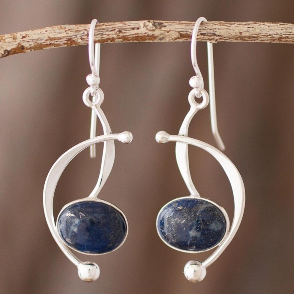 Lapis Lazuli and Sterling Silver Dangle Earrings from Peru 'Crescent Eyes'