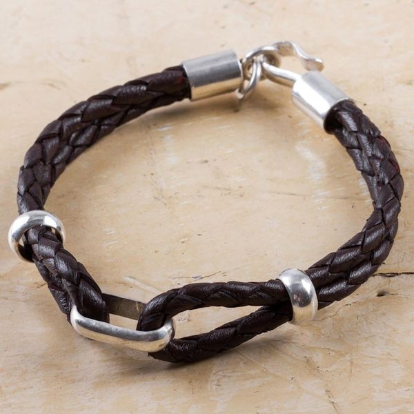 Alternate image for Handmade Mens Sterling Silver and Leather Bracelet Naturally