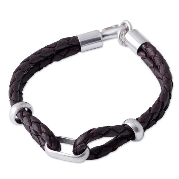 Alternate image for Handmade Mens Sterling Silver and Leather Bracelet Naturally