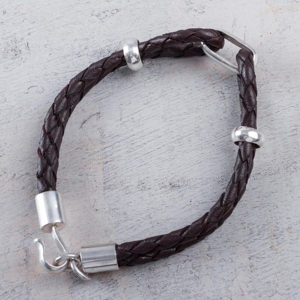 Alternate image for Handmade Mens Sterling Silver and Leather Bracelet Naturally