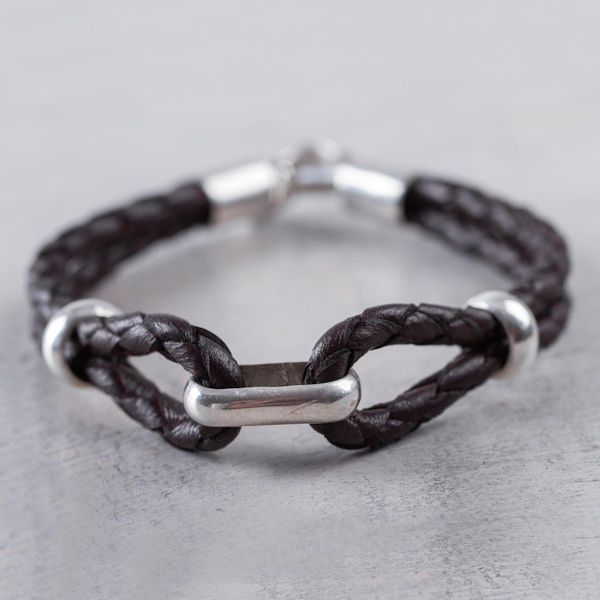 Alternate image for Handmade Mens Sterling Silver and Leather Bracelet Naturally