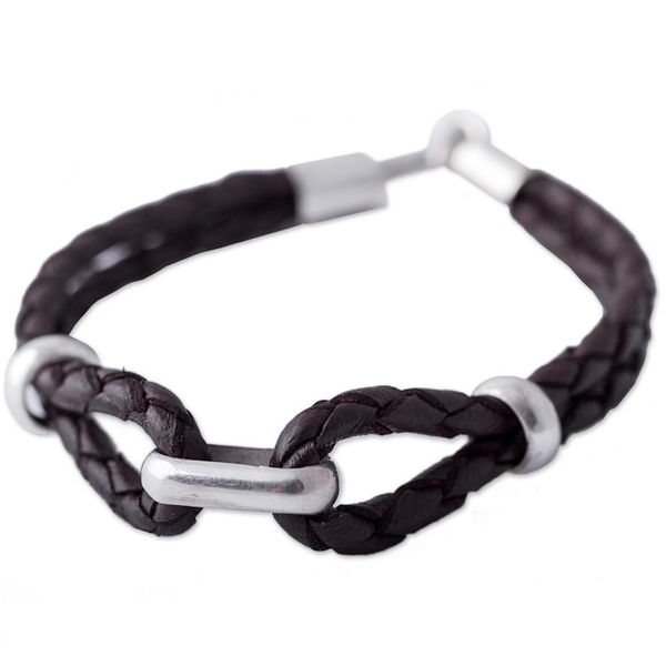 Alternate image for Handmade Mens Sterling Silver and Leather Bracelet Naturally
