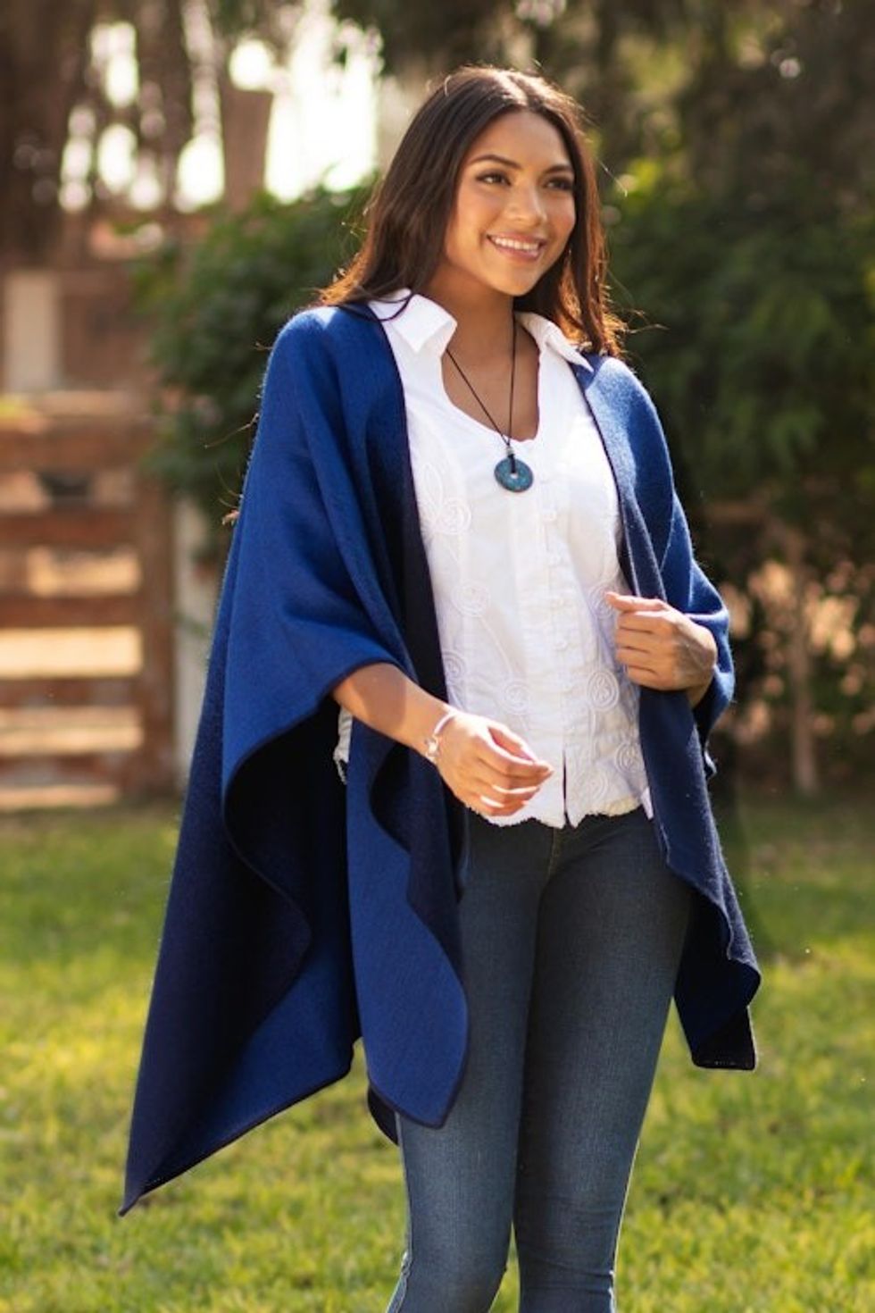 Reversible Alpaca Blend Ruana in Cornflower and Navy 'Andean Wind in Cornflower'
