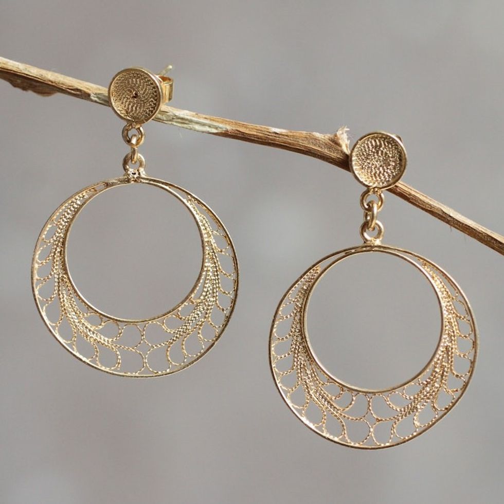 Gold Plated Filigree Earrings Handcrafted in Peru 'Tondero Dancer'