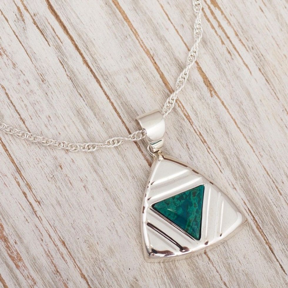 Peruvian Chrysocolla Triangle Pendant Necklace 'Inverted Pyramid'
