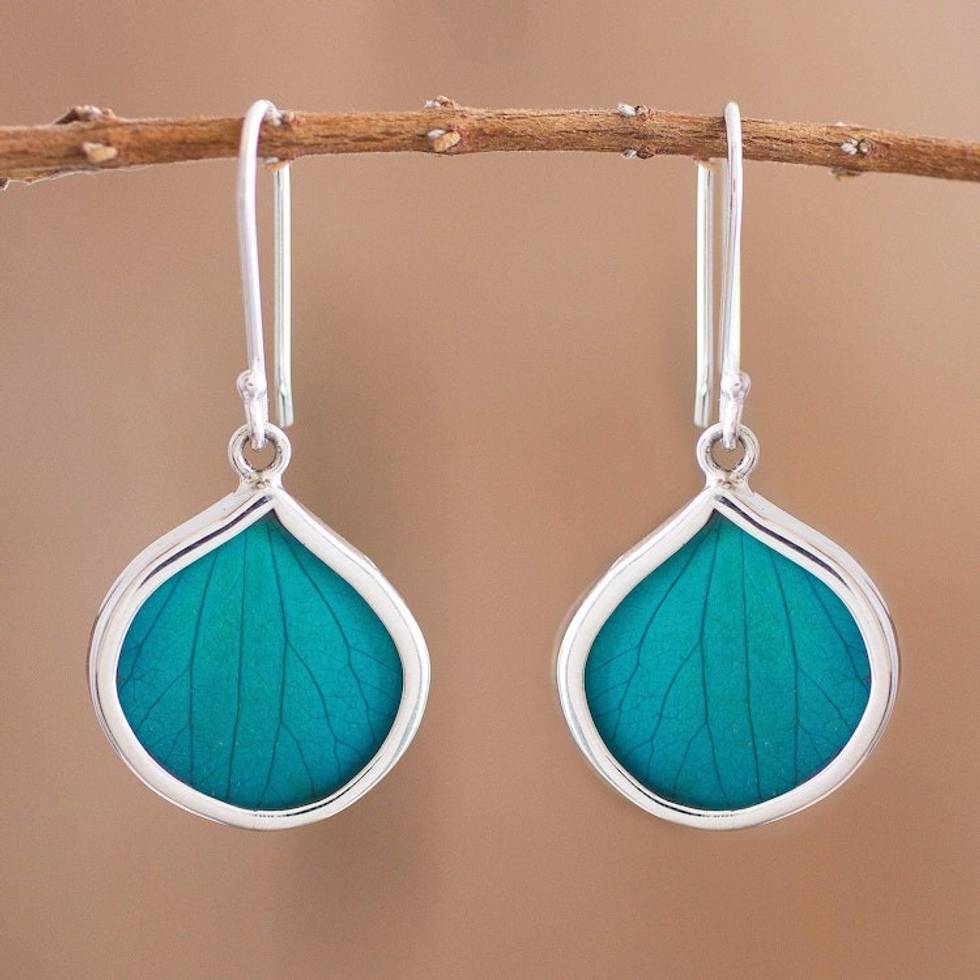 Drop-Shaped Natural Leaf Dangle Earrings in Aqua from Peru 'Leaf Drops in Aqua'