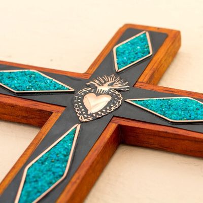 Alternate image for Chrysocolla Copper Bronze Wood Cross Wall Decor from Peru Chrysocolla Cross