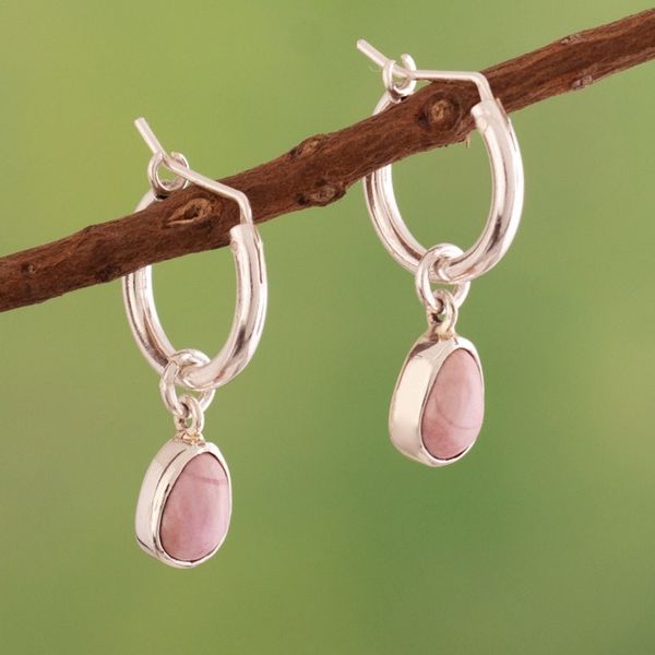 Alternate image for High-Polished Sterling Silver Rhodonite Dangle Hoop Earrings Luminous Compassion