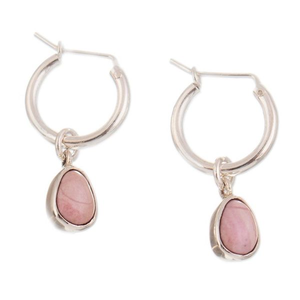 Alternate image for High-Polished Sterling Silver Rhodonite Dangle Hoop Earrings Luminous Compassion
