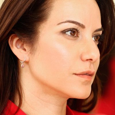 Alternate image for High-Polished Sterling Silver Rhodonite Dangle Hoop Earrings Luminous Compassion