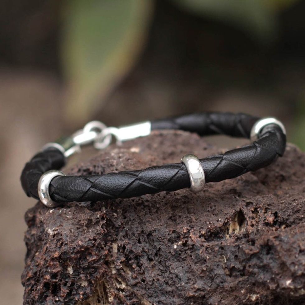 Collectible Men's Leather and Silver Wristband Bracelet 'Bold Black'