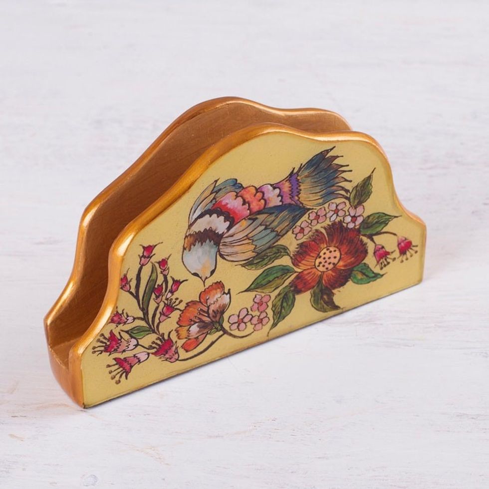 Bird-Themed Reverse Painted Glass Napkin Holder from Peru 'Floral Nectar'