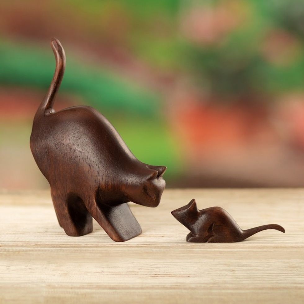 Cat and Mouse Cedar Wood Sculptures from Peru Set of 2 'Games and Fun'