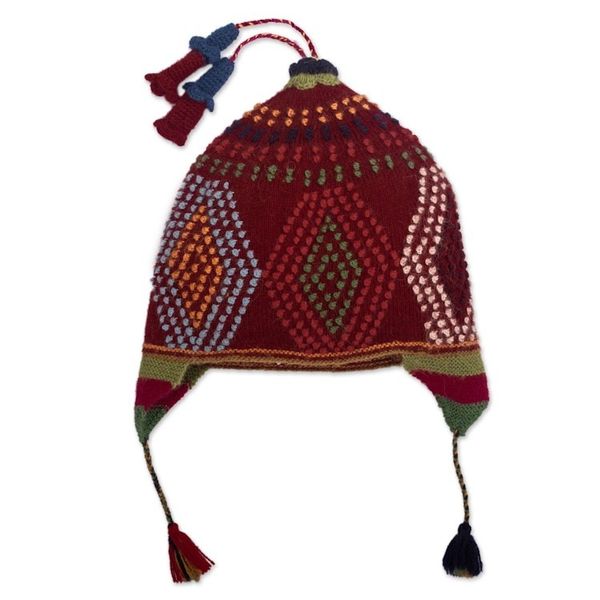 Alternate image for 100 Baby Alpaca Peruvian Cap With Ear Flaps and Tassels Cantuta Flower