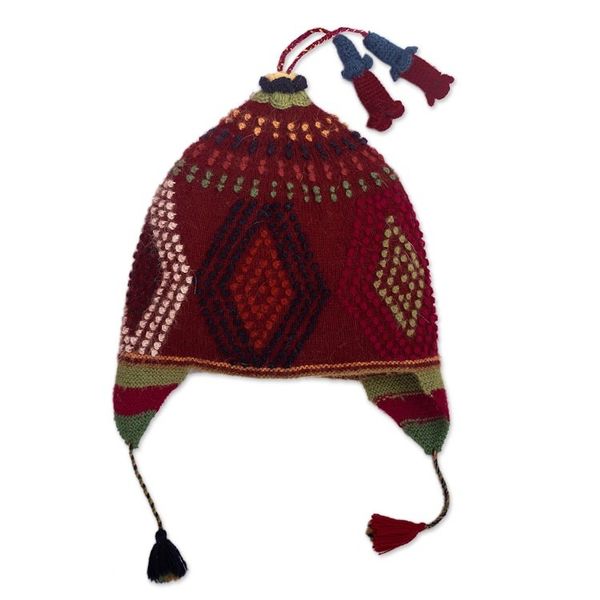 Alternate image for 100 Baby Alpaca Peruvian Cap With Ear Flaps and Tassels Cantuta Flower