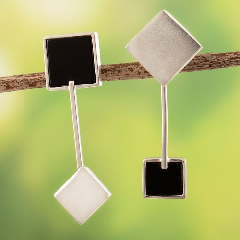 925 Sterling Silver and Onyx Drop Earrings from Peru 'Possibilities'