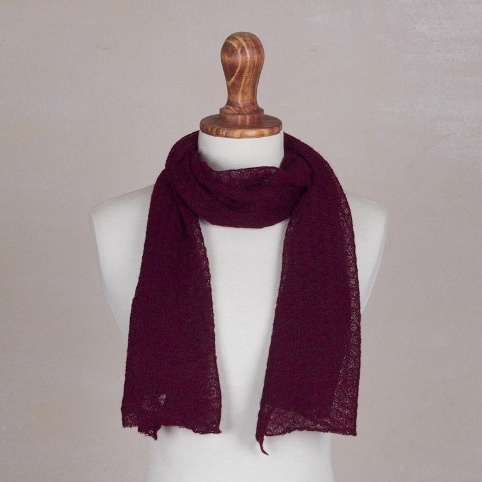 Textured 100 Baby Alpaca Wrap Scarf in Wine from Peru 'Gossamer in Wine'