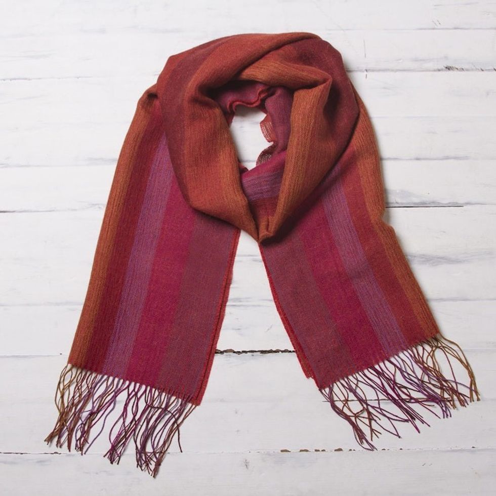 Warm Red-Orange Baby Alpaca and Pima Cotton Scarf 'Blazing Trails'