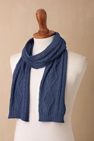 Alternate image for Knitted Unisex Scarf in Azure 100 Alpaca from Peru Antique Cable Knit