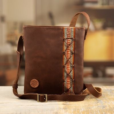 Alternate image for Brown Leather Sling with Colorful Wool Textile from Peru Traditional Journey