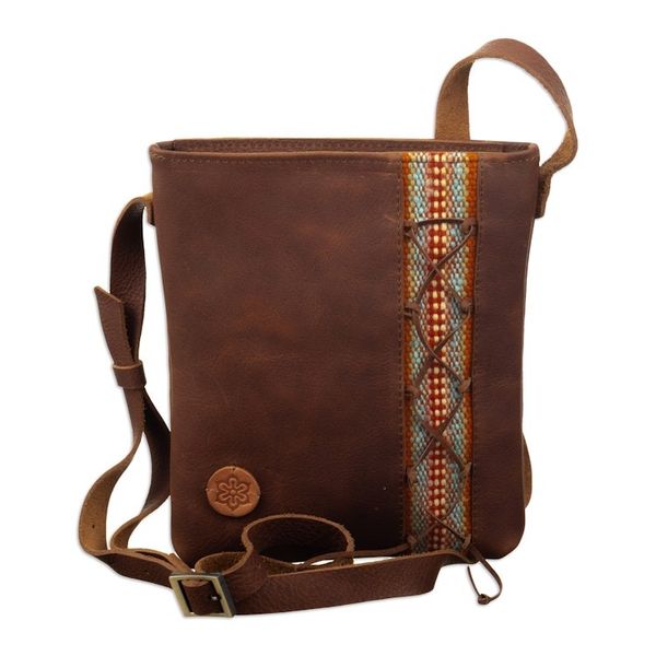 Alternate image for Brown Leather Sling with Colorful Wool Textile from Peru Traditional Journey
