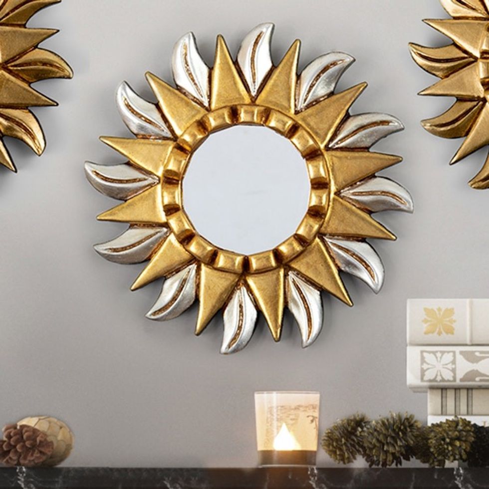 Gilded Bronze and Aluminum Wood Sunflower Wall Mirror 'Peruvian Sunflower'