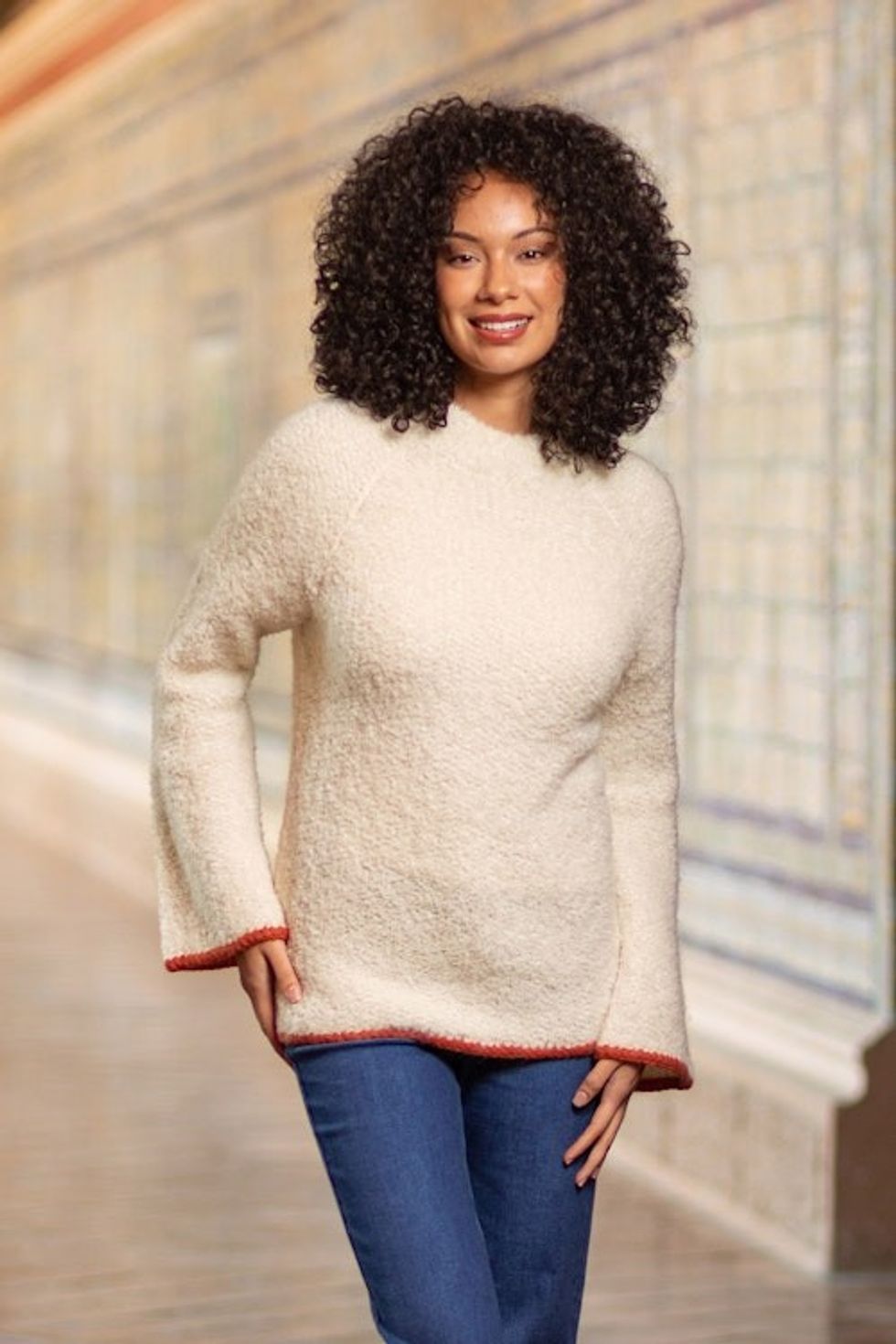 Warm White Funnel Neck Alpaca Blend Sweater 'Sumptuous Warmth in White'