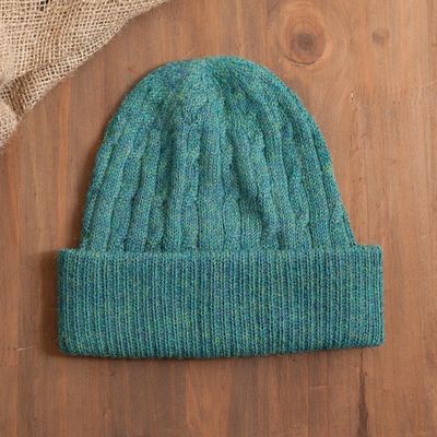 Alternate image for Teal 100 Alpaca Cable Pattern Soft Knit Hat From Peru Comfy in Teal