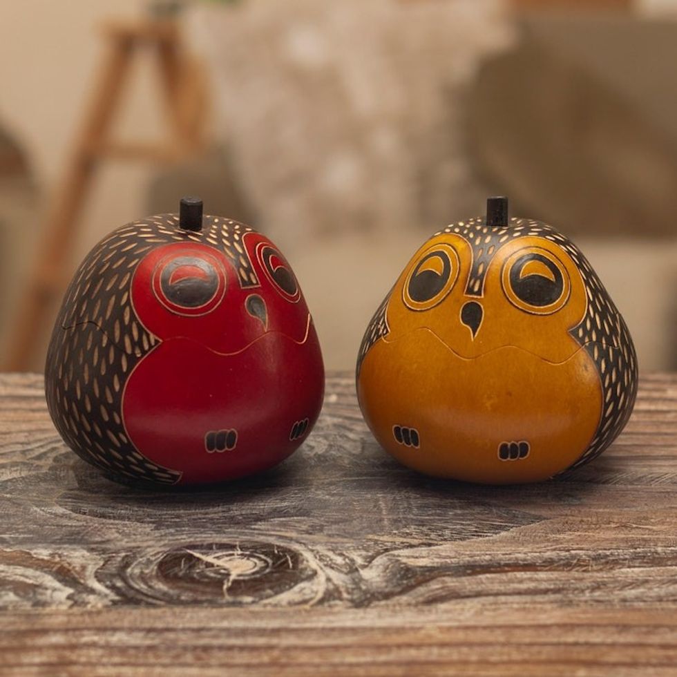 Decorative Owl Figures of Dried Mate Gourds from Peru Pair 'Singing Owls'