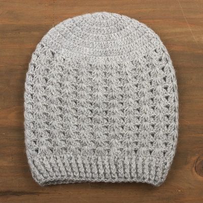 Alternate image for Hand-Crocheted Dove Grey Alpaca Cozy Winter Hat Grey Stars Align
