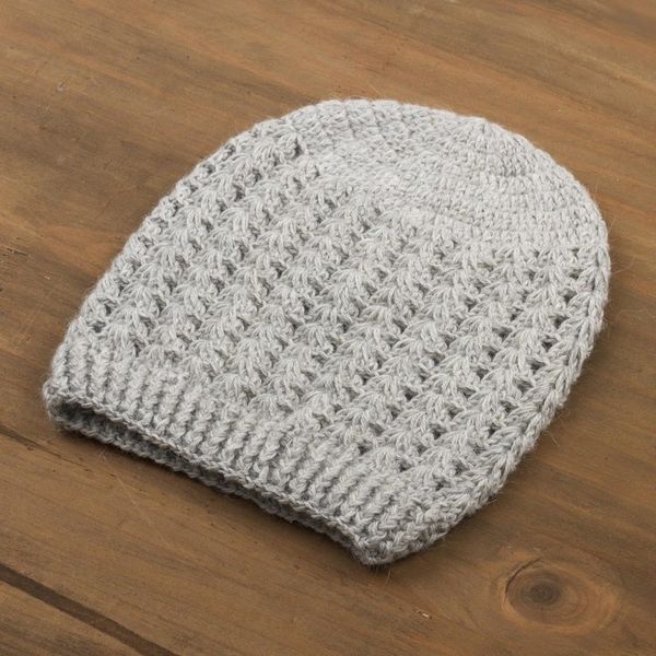 Alternate image for Hand-Crocheted Dove Grey Alpaca Cozy Winter Hat Grey Stars Align