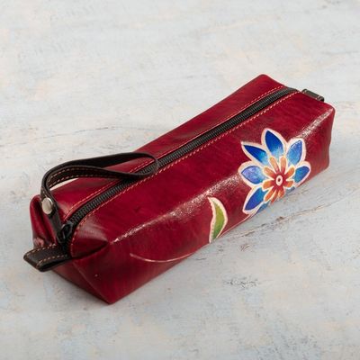 Alternate image for Leather Makeup Case with Floral Motif Hand-Painted in Peru Floral Red