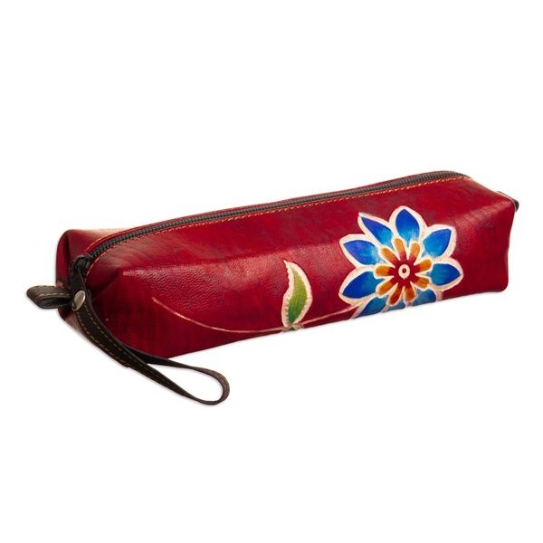 Alternate image for Leather Makeup Case with Floral Motif Hand-Painted in Peru Floral Red