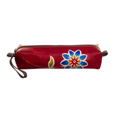 Alternate image for Leather Makeup Case with Floral Motif Hand-Painted in Peru Floral Red