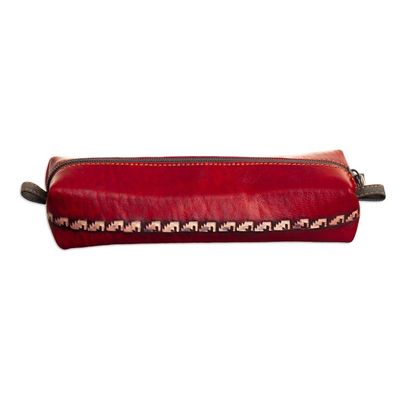 Alternate image for Leather Makeup Case with Floral Motif Hand-Painted in Peru Floral Red