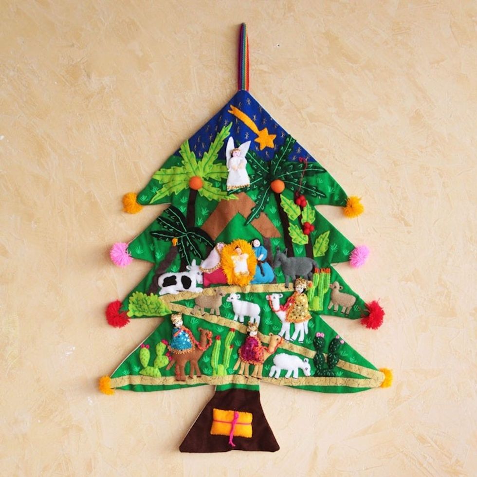Peruvian Christmas Tree Applique Wall Hanging 'Happy Nativity Scene'