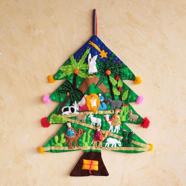 Alternate image for Peruvian Christmas Tree Applique Wall Hanging Happy Nativity Scene