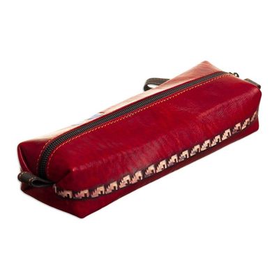 Alternate image for Leather Makeup Case with Floral Motif Hand-Painted in Peru Floral Red